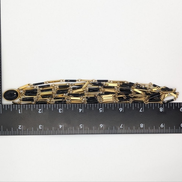 Vintage Black Glass Bugle Bead Multi Strand Gold Tone Chain Necklace 1970s - Picture 10 of 14